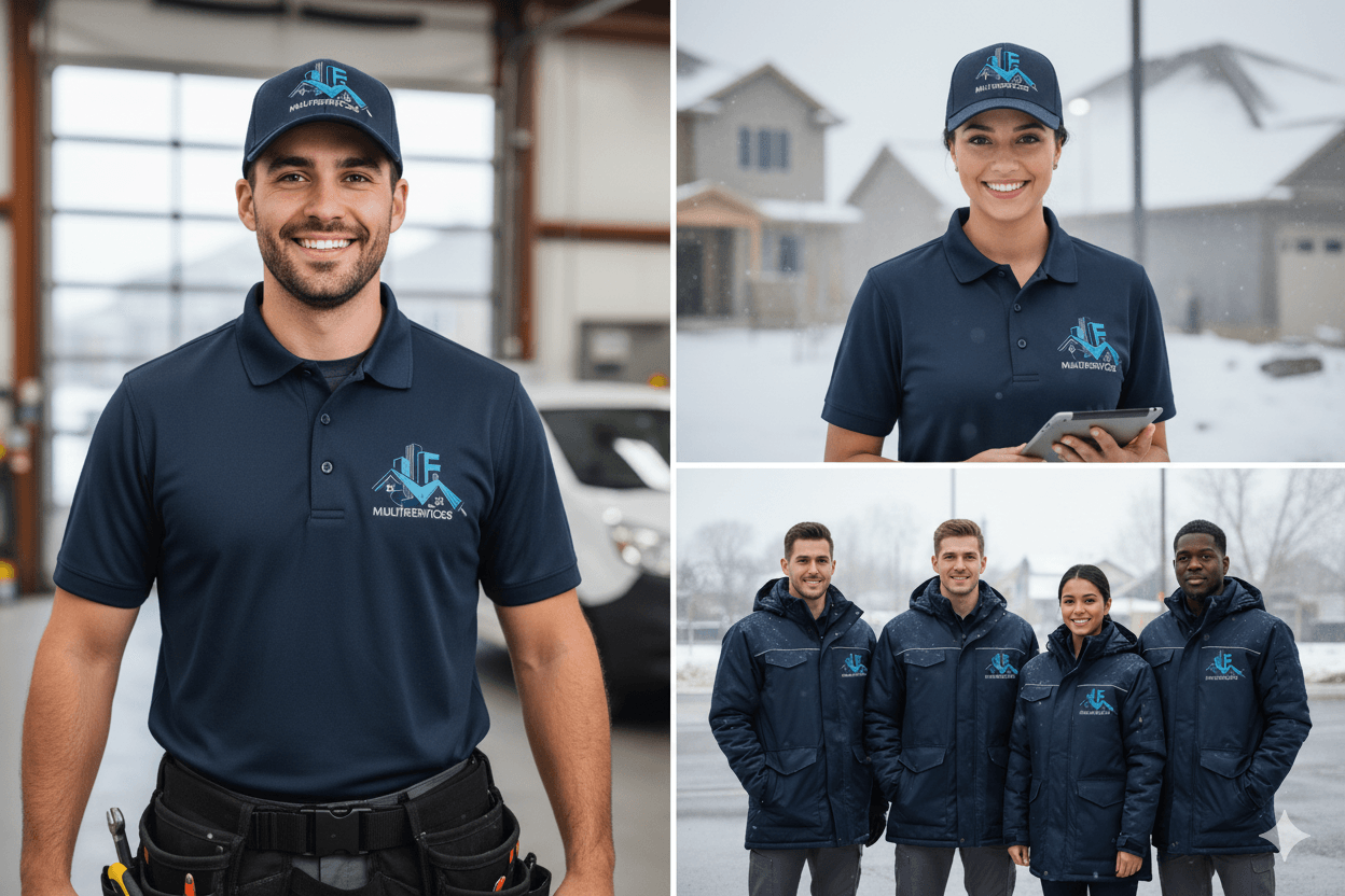 Team in branded work attire outdoors.