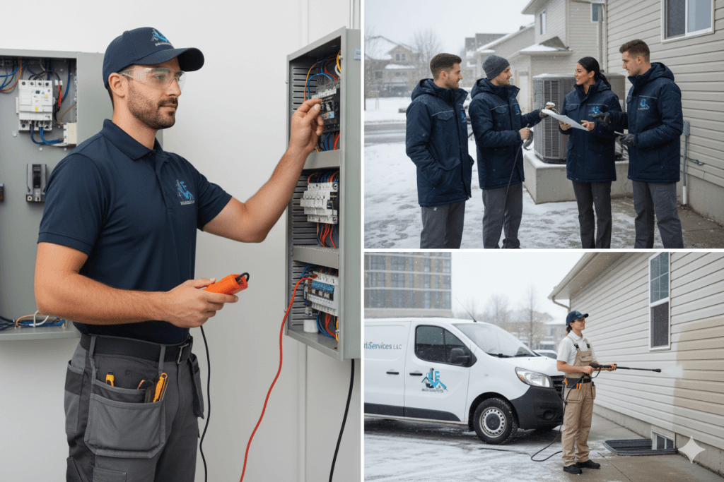 Service team working in snowy environment.